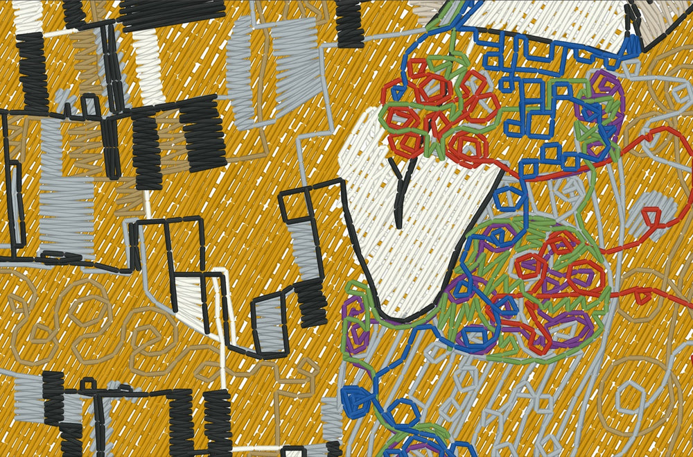 Satin and tatami stitches of the Klimt design, rendered with light and shadow