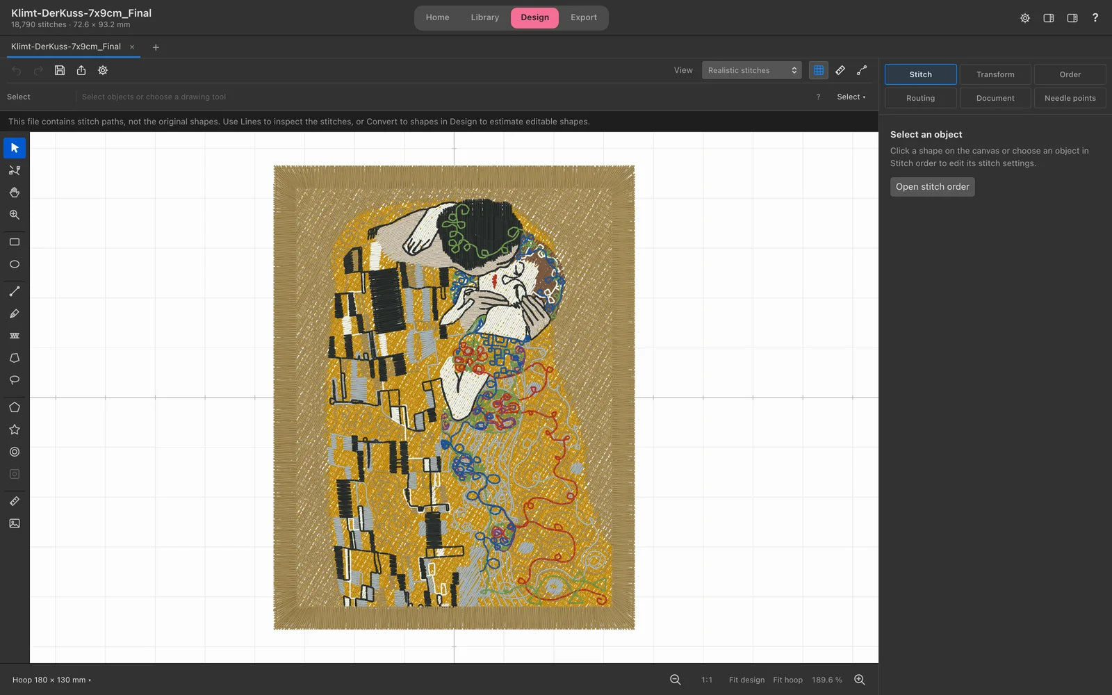 Embroidery software for Mac: Nuime Designer showing an embroidered design after Klimt's The Kiss in a realistic stitch preview