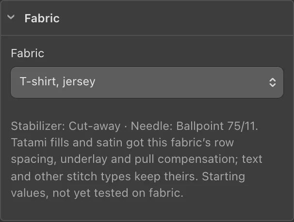 Nuime Designer fabric preset T-shirt jersey recommending cut-away stabilizer and a ballpoint 75/11 needle for embroidering T-shirts
