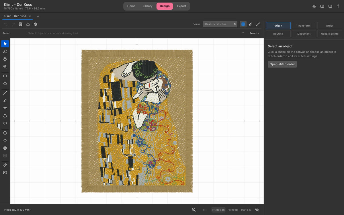 Nuime Designer embroidery digitizing software on a Mac, showing the design Klimt – Der Kuss with realistic stitches