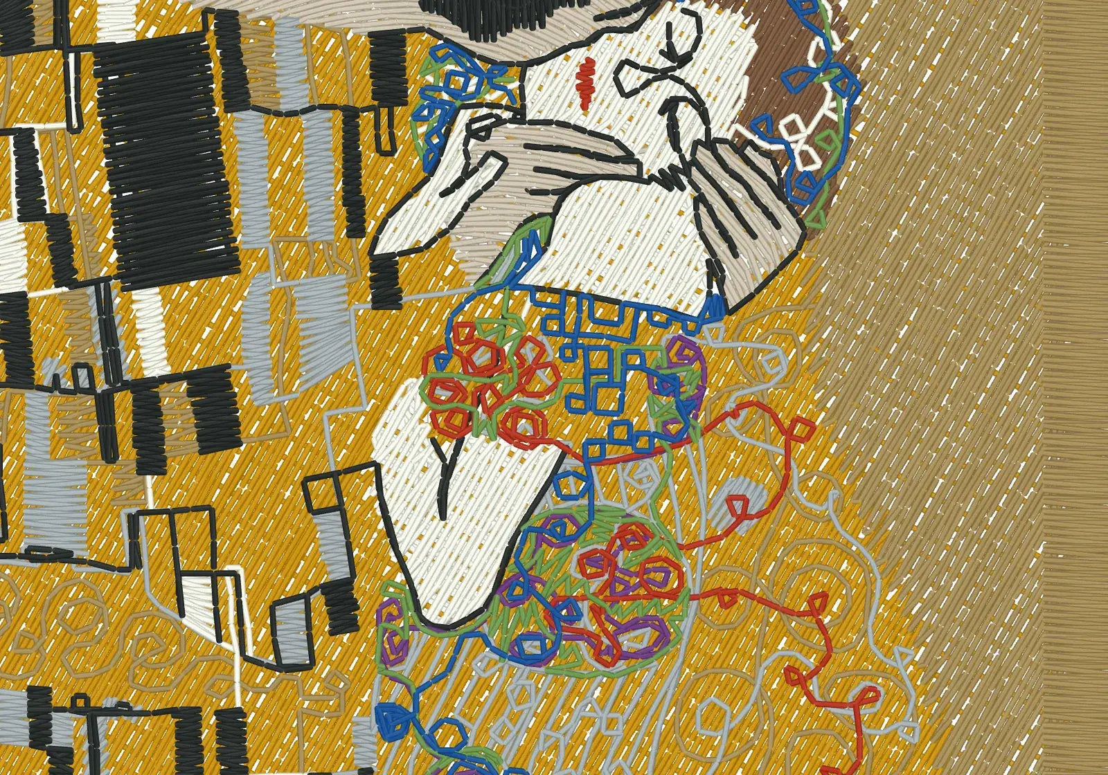 Stitch preview of my Klimt design showing light-colored hands, dark outlines and gold fills