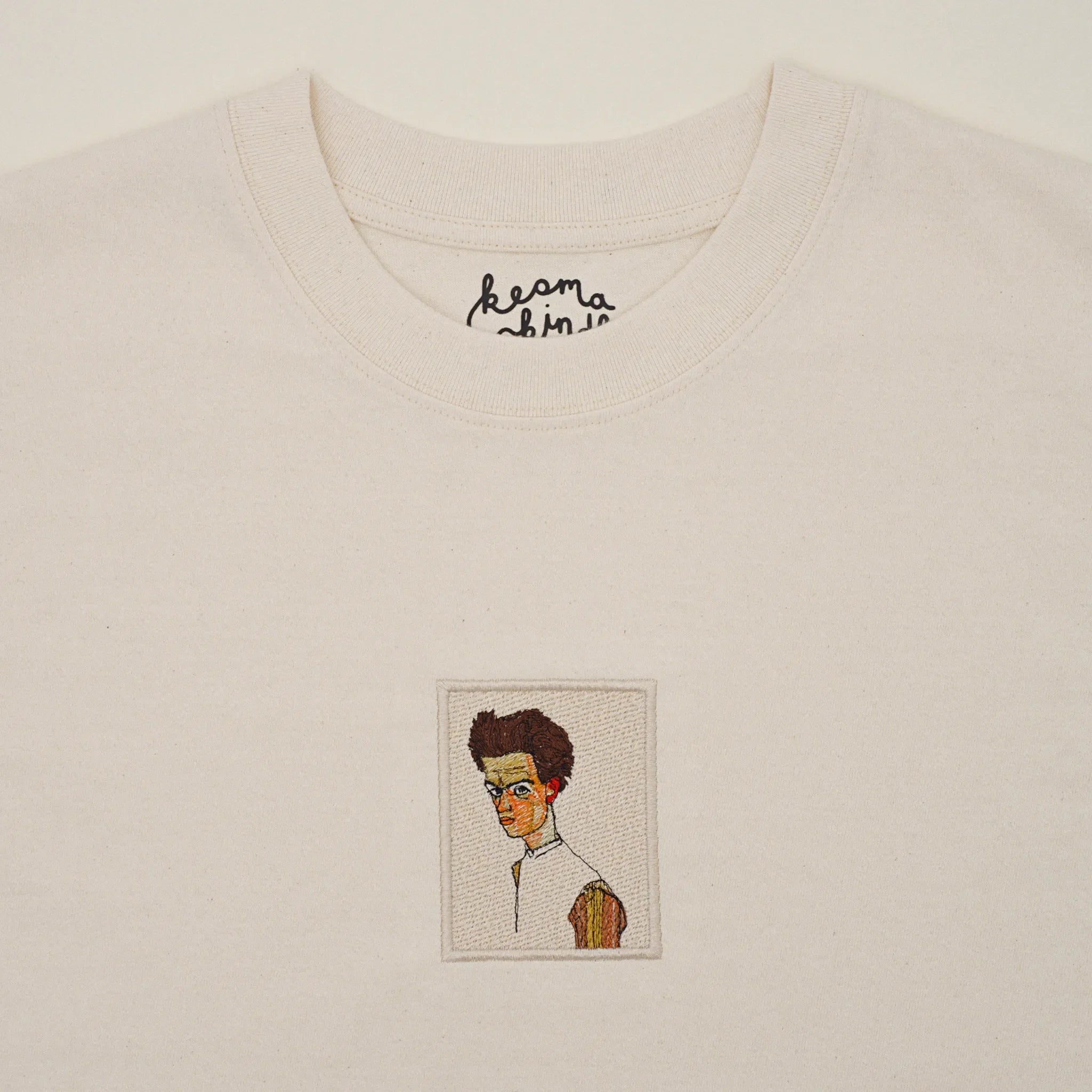 T-shirt with an embroidered self-portrait after Egon Schiele, machine embroidery on natural white cotton