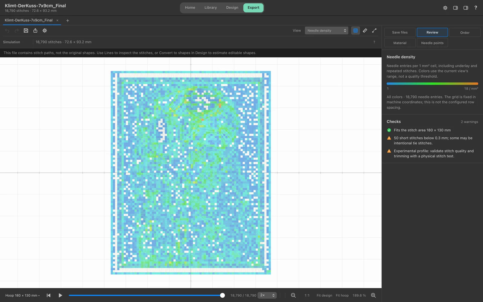 Check the stitch density of an embroidery file: Nuime Designer shows needle entries per square millimeter in the Klimt design as a color map